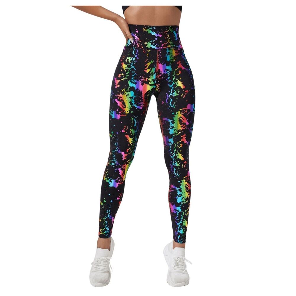 Neon 80s Leggings, High Waisted (Black Multicolor Splatter, Small) - Picture 1 of 1